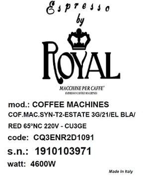 Example of a serial number label on a pasta machine